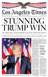 De voorpagina van de Los Angeles Times met speciaal verkiezingslogo van 9 november 2016