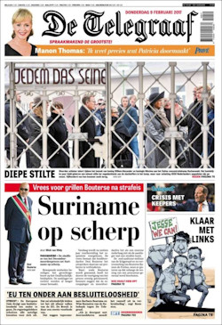 De voorkant van de Telegraaf van donderdag 9 februari