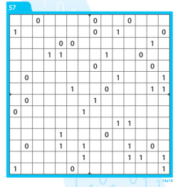 Voorbeeld van een binaire puzzel met 14x14 diagram